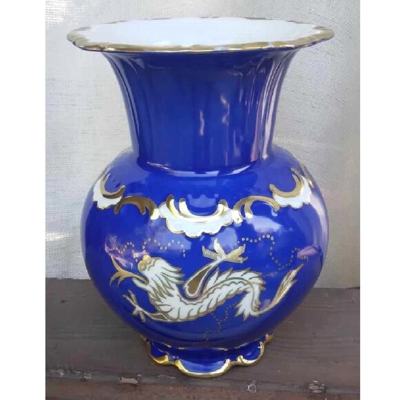 Cobalt Blue Gold Gilded Porcelain Vase W/Hand Painted Dragons RW Rudolf Wachter - Picture 2 of 11
